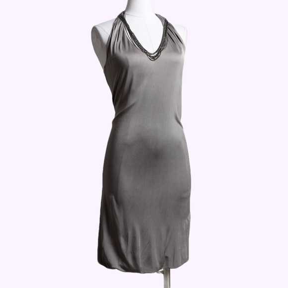 YIGAL AZROUEL Grey Rayon V Neck Dress with Chains - Picture 1 of 4